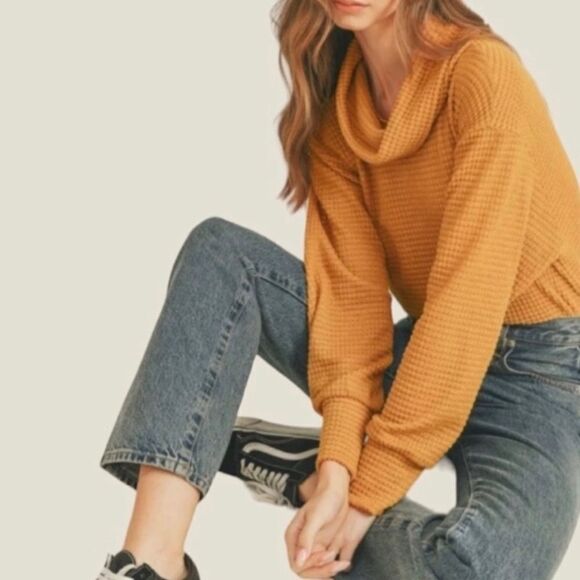 Free People Juicy Long Sleeve Cowl Neck Waffle Knit Split Back Top Mustard Sweat - Picture 1 of 16